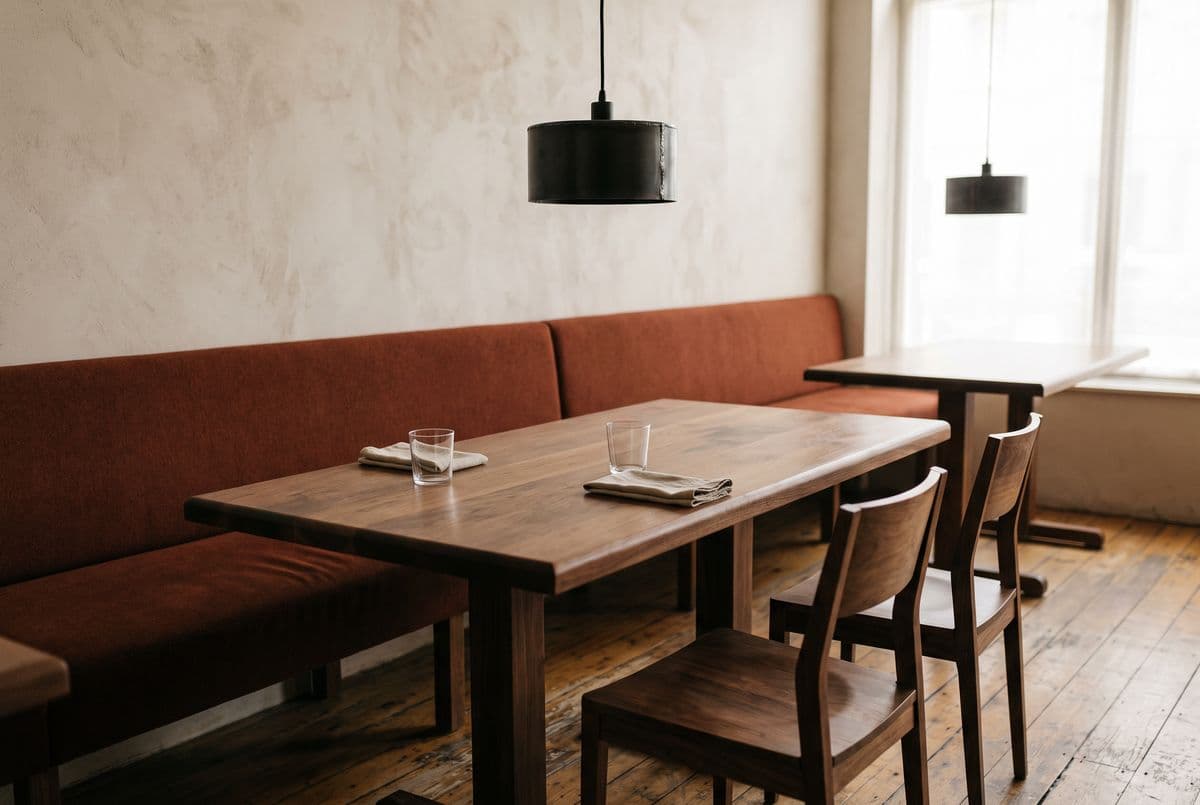 Walnut dining table and rust wool banquette under a blackened steel pendant in a restaurant