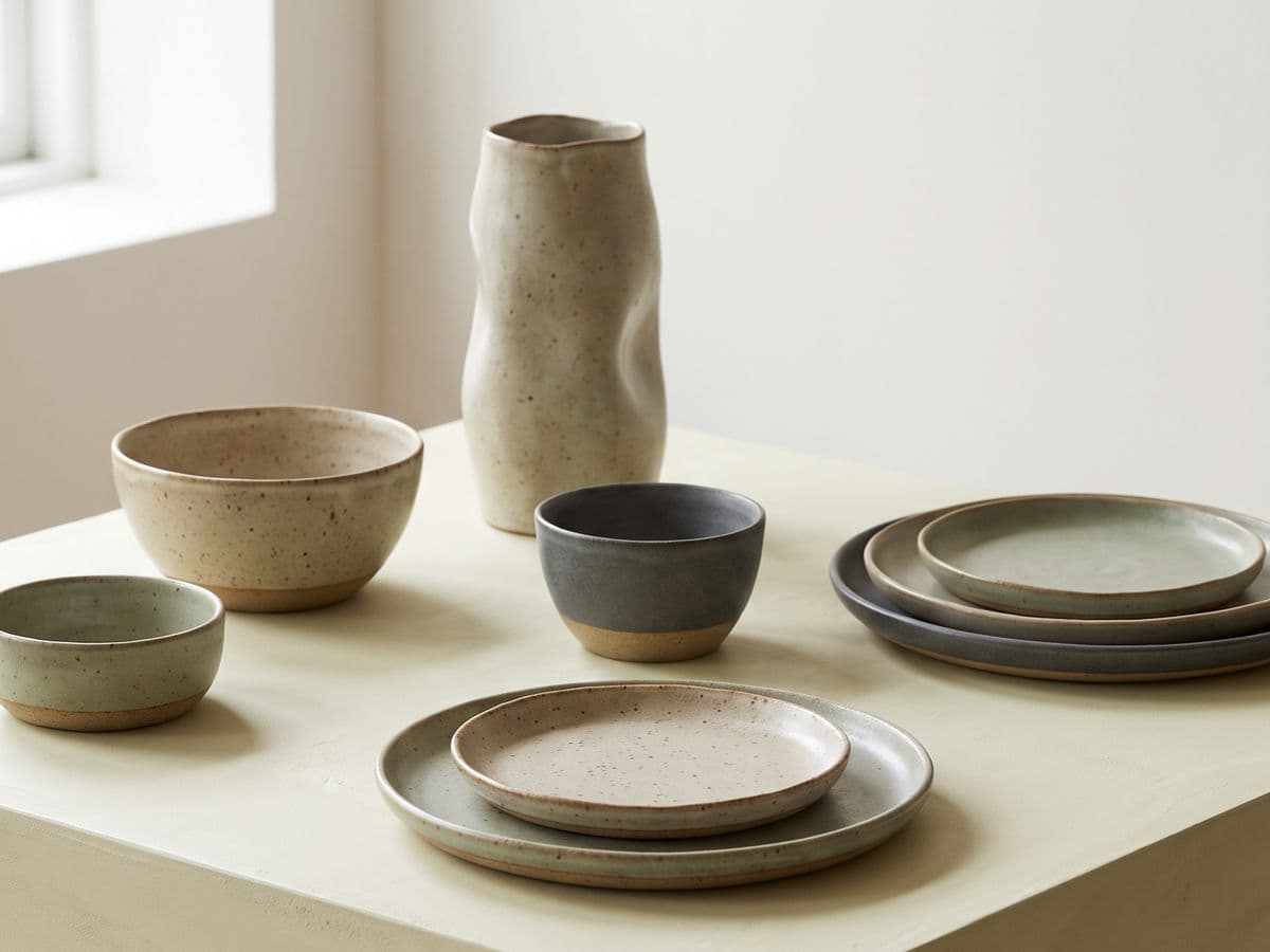 Hand-thrown stoneware vase, bowls and plates in speckled glazes