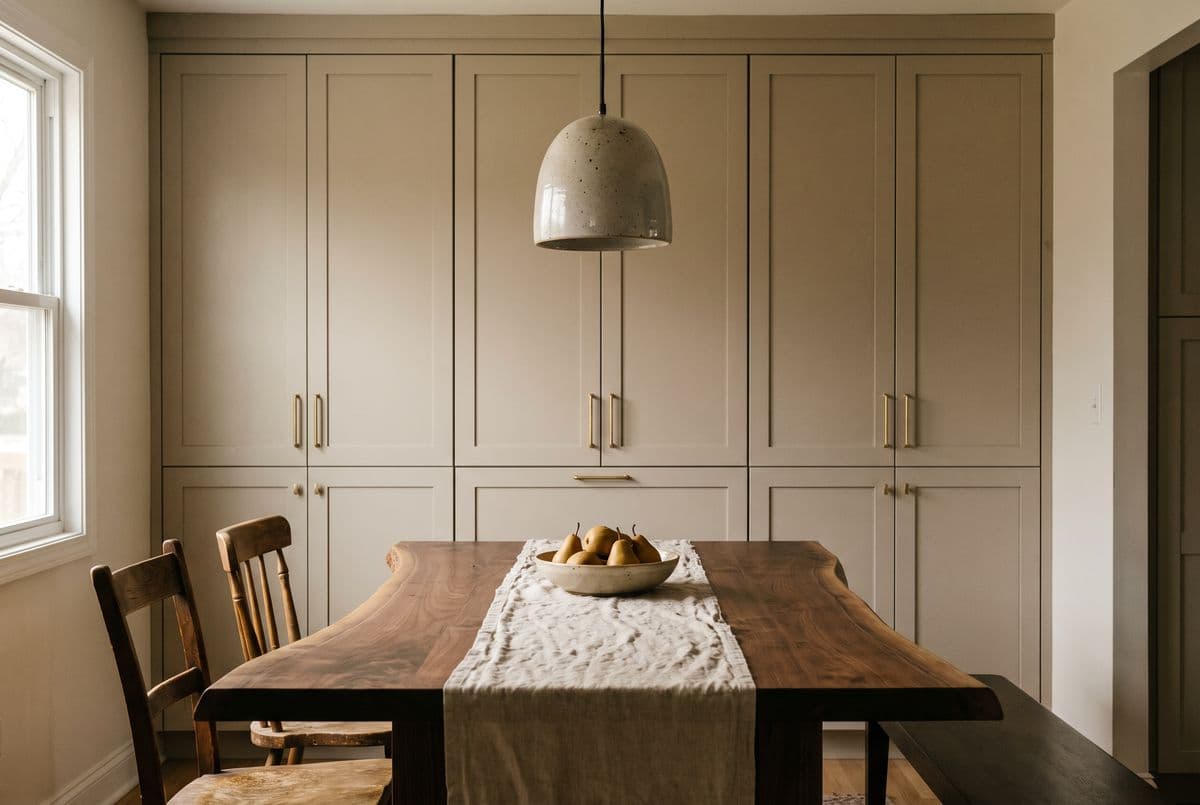 Live-edge walnut dining table under a stoneware pendant, with painted built-in cabinetry