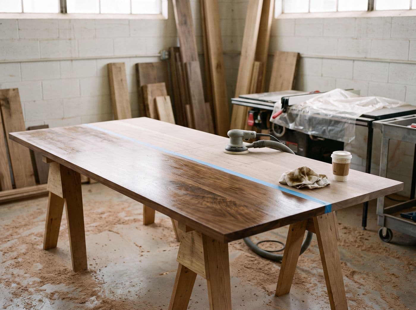 Walnut tabletop half oiled on sawhorses in a furniture maker's shop